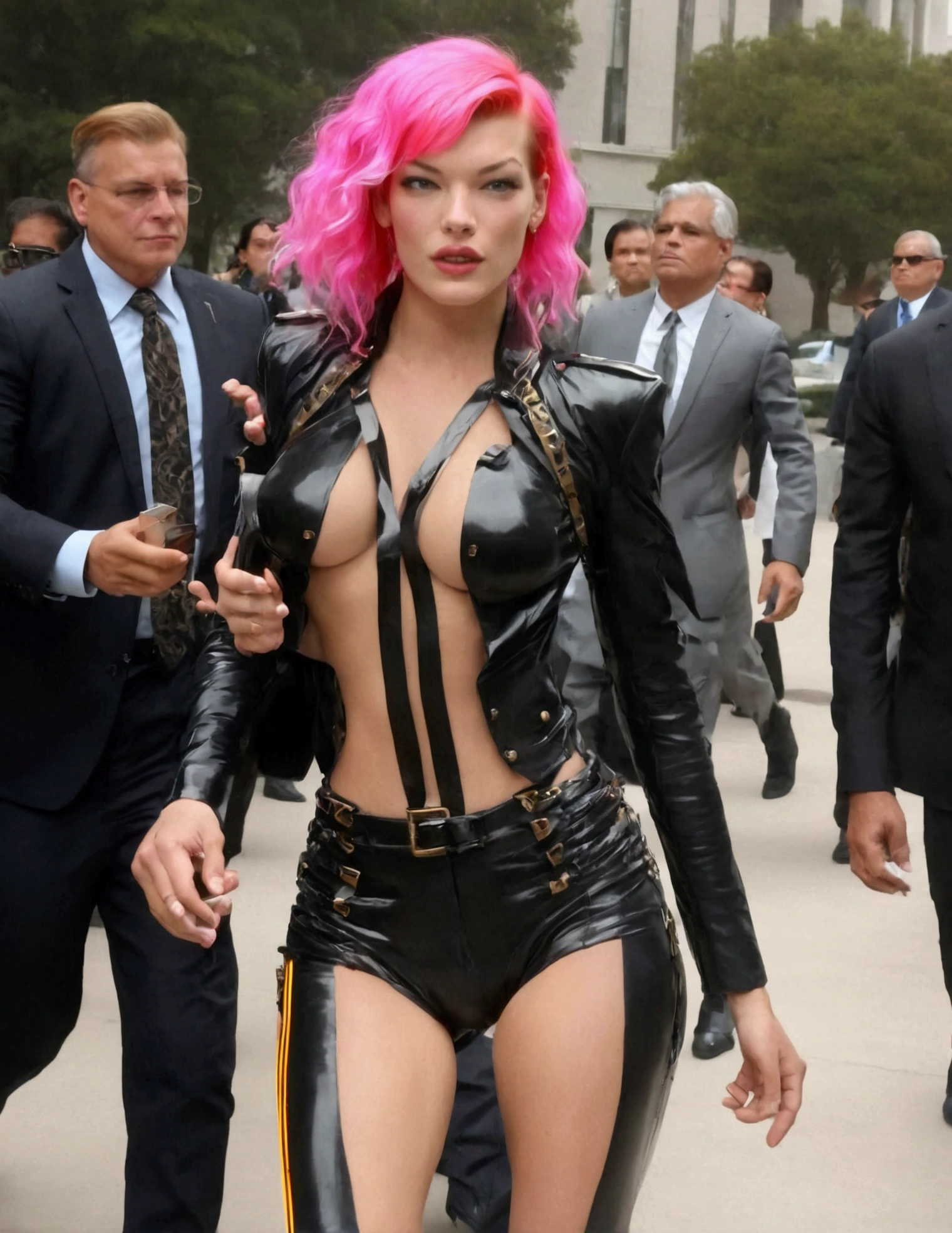 Milla Jovovich (age 20, neon hair, matching metal tape sexy business outfit) is entering the courthouse, briefcase in hand