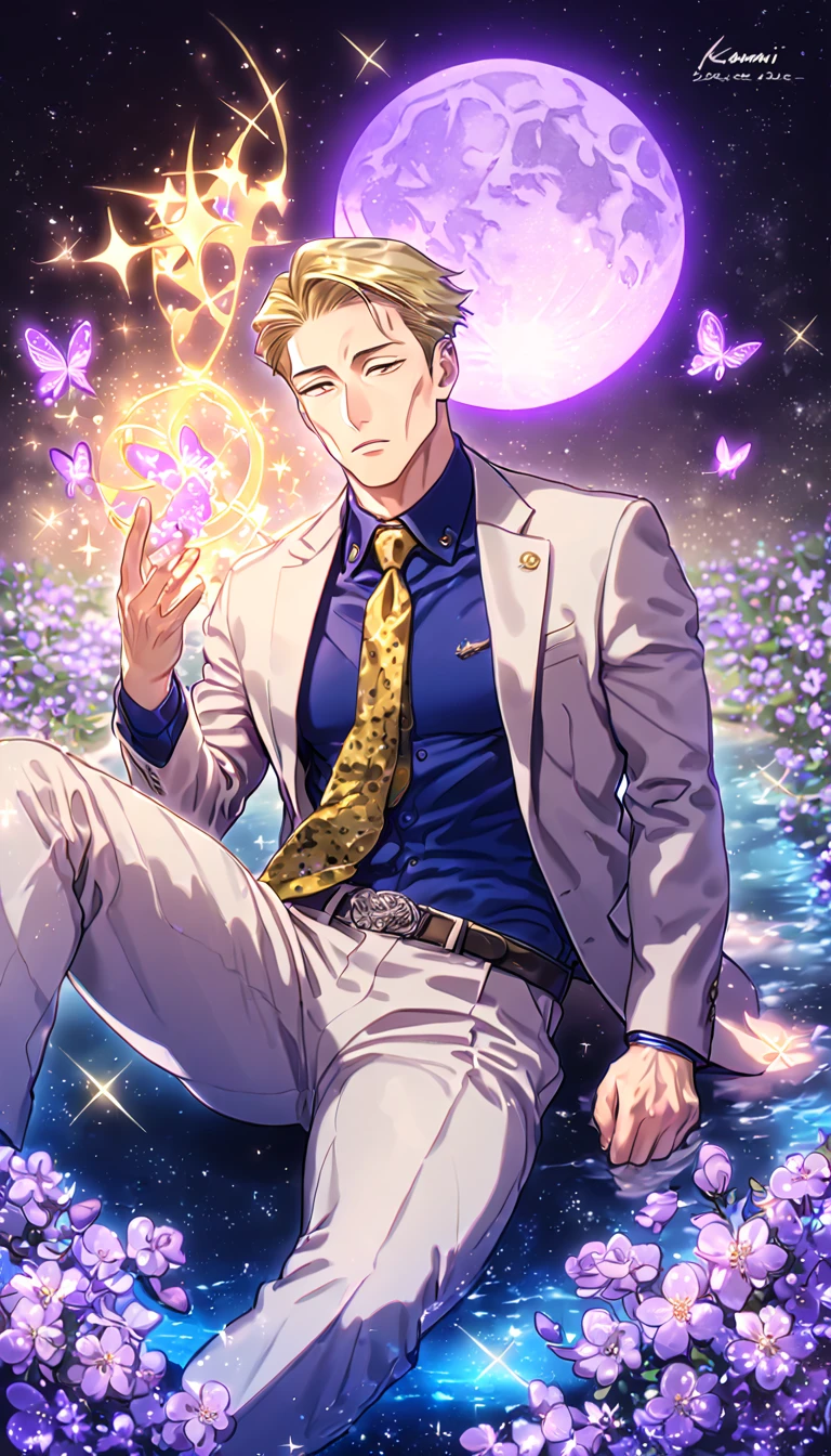 absurdres, highres, ultra detailed, HDR, master piece, best quality, Nanami Kento, blonde hair, expressive brown eyes, Jujutsu Kaisen, solo, sexy man sitting, handsome, sensual, horny, gray jacket, blue shirt, yellow necktie, gray pants, fantasy, magical, shining, purple flowers, blossoms, water, purple petals, purple butterflies, sparkling, purple moon, starry sky, manly man