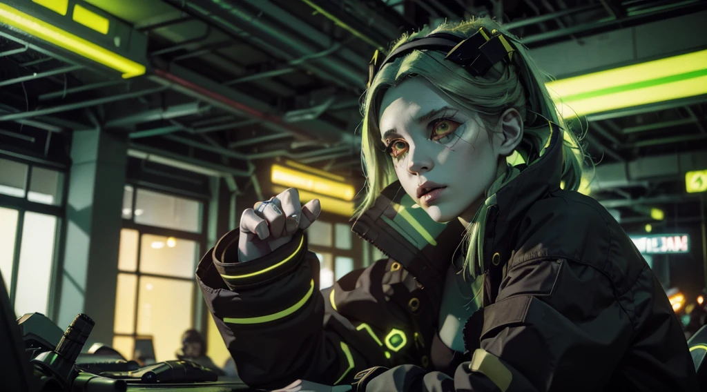 Rebecca from cyberpunk, yellow neon lights, green hair, The artwork is rendered in an edgy and realistic style, with high attention to detail and sharp focus. The colors are vivid and contrasted, with a slight desaturation to create a moody atmosphere. shadowy highlights enhancing the overall composition. The medium used is a digital illustration, with a touch of photo-realistic elements to add depth and texture to the image. The final result is a masterpiece in ultra-high resolution,