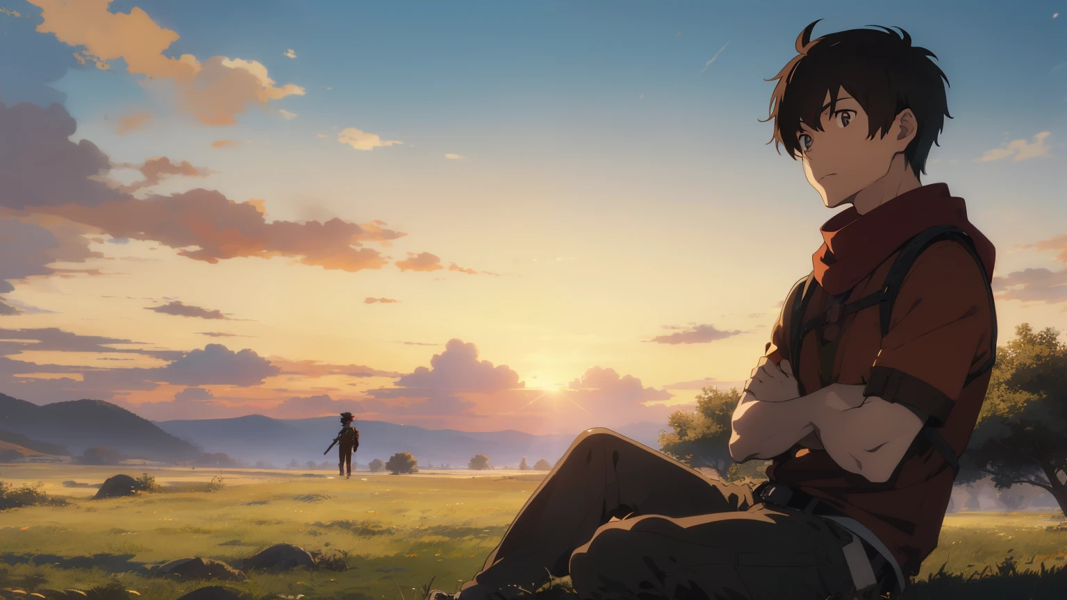 male anime character, quiff cut hair, eyes browns, Red scarf, light medieval brown leather armor, without a helmet, sitting on the ground on a grassy plain watching the sun rise