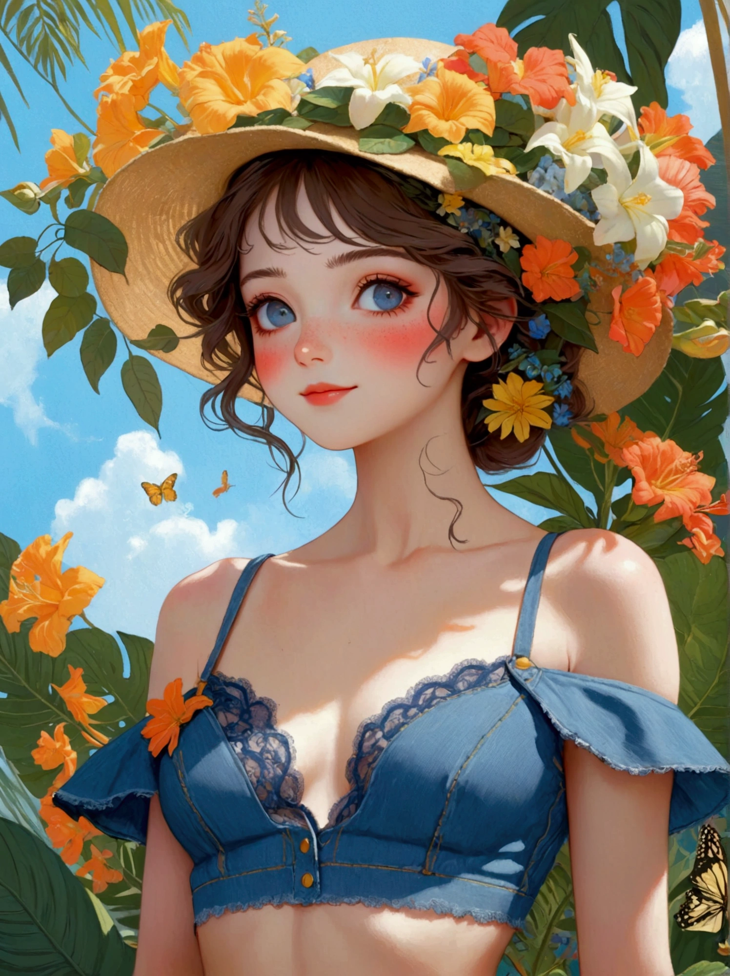 Summer tropical flower forest, Victorias Secret Fashion Show, Beautiful western girl in denim blue sexy lace crop top, With flowers and plants, Perfectly symmetrical body shape, Beautiful, seamless, symmetrical face, complex, grace, Very detailed, number, Trending on pinterest, Harper Bazaar, concept art, sharp focus, author:Art Jem, Tom Bagshaw, Lawrence Alma Tadema, Greg Rutkoski, norman rockwell, golden ratio, gentle smile, illustration, Minimalism, Ghibli-like colours, anime style, 8K, UHD, masterpiece, accurate, anatomically correct, textured skin, super detail, best quality