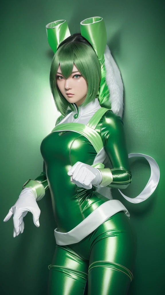 Close-up of a woman in a green and white outfit, Tatsumaki from One Punch Man, Krentz Kuschaert and Artgerm, Renji Murata and Artgerm, Anime characters; Full Body Art, Android Heroine, Artjam Lau, Villain Anime Girl, stanley Artjam Lau, Highly detailed art gems, Anime Girl Cosplay