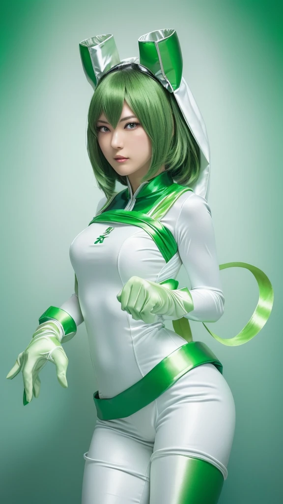 Close-up of a woman in a green and white outfit, Tatsumaki from One Punch Man, Krentz Kuschaert and Artgerm, Renji Murata and Artgerm, Anime characters; Full Body Art, Android Heroine, Artjam Lau, Villain Anime Girl, stanley Artjam Lau, Highly detailed art gems, Anime Girl Cosplay