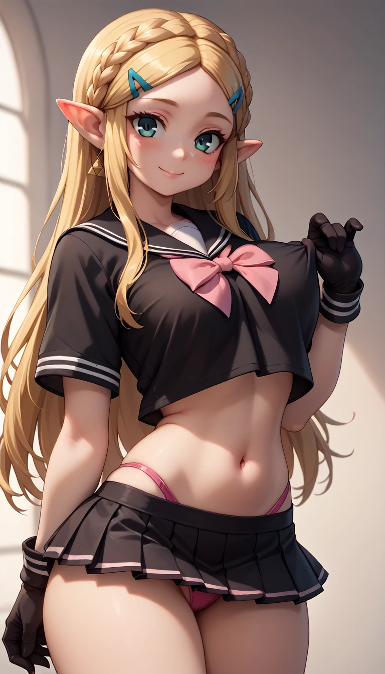 High resolution, Very detailed, perfect lighting, beautiful detailed eyes, ((masterpiece,Best Quality)), absurdities, alone, princess zelda, by the width, crown braid, Hair clip, pointy ears, Gloves without fingers, black gloves, smile, curves, nod, , deep neckline, deep neckline, black school uniform with white details,short skirt, visible underwear, pink thong, black uniform, black shirt with pink bow, touching her breasts in a sexy way, close up