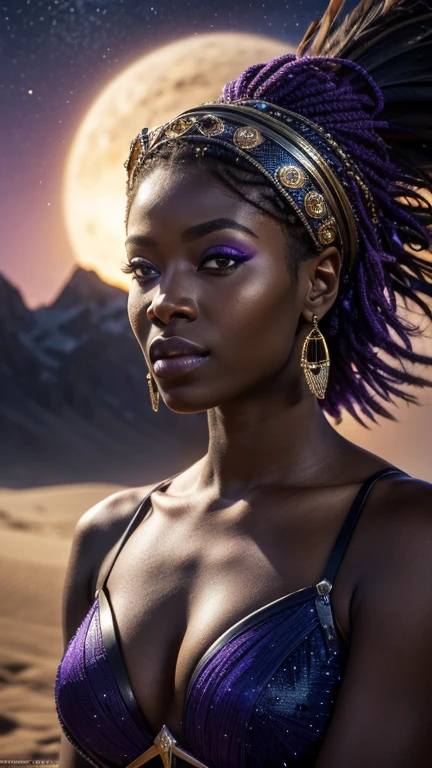 Portrait of an African Eir Valkyrie Queen woman with royal turban and peacock feathers, High definition art, piercing, olhos gentis, well defined face, Mountains in Midgard and sand in the background, night with glowing sand particles illuminating the scene, style artgerm, 32 mil, ultra HD, unreal mechanism rendered, hyper-realistic image, camara canon r6 objetivo 100mm 2.8f portrait 30 years old, diamond face, starry sky background, Depth of field, magie, big red lips, ((dark and black eyes)), Medium chest covered with futuristic panther adornments, mystical atmosphere, menacing shadows, intense blue aura, Intense red aura (best qualityer:1.2), absurderes, details Intricate, (highly detailed skin:1.2), smile expression, posando, attractive bust. highly realistic, Brunette skin burned by the African sun, comely, Hyper-Realism, very elaborate skin, direct gaze, night sky, futurist, (work of art, ultra detaild, A high resolution) , I DON'T WANT HUMANS, There is a flow of energy, Very real scenario, clear shades of purple and blue, ultra details.