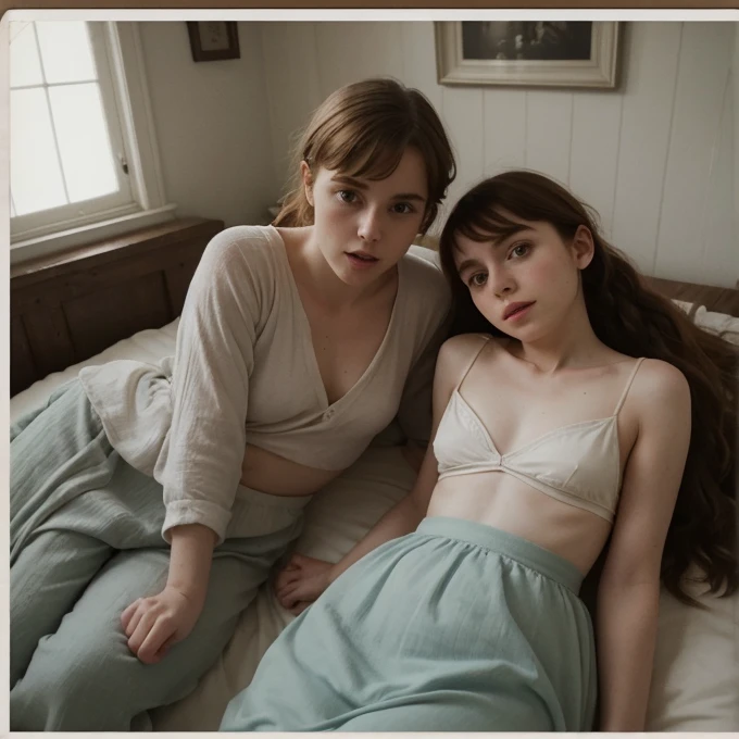 Sophia Lillis,, Soft belly, elegant, Open your mouth, Selfie , Long braids,whole body 、Beautiful old room、Relaxed atmosphere、Open、Old Polaroid Film、Bright light、Professional photos、private、Intimate atmosphere、Two people in love、A rich variety of colors、Color、