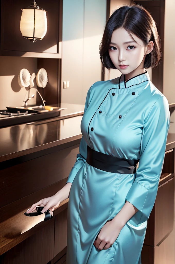 masuter piece, best qualtiy, ((Real model footage)), 8K picture quality, ((1 girl)), Extremely Delicately Beautiful, magnifica, Official art with attention to detail, ((perfect hands)), (18 years old girl), (japanese beautiful woman), black short hair, (((Cute light blue long-sleeved chef costume)))