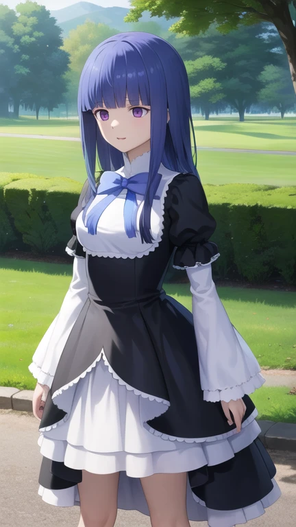 masterpiece, best quality, highres, aabern, long hair, blue hair, blunt bangs, purple eyes, bowtie, frills, black dress, puffy sleeves, short over long sleeves, long sleeves, standing, cowboy shot, outdoors