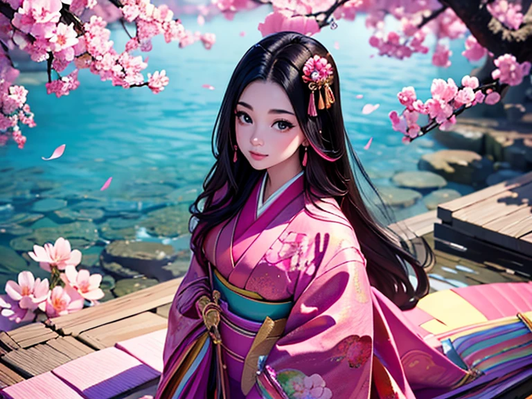 (Highest quality、 8k 、masterpiece、High resolution)、Heian period、A beautiful young woman from the nobility、、(Straight hair、Long, beautiful black hair),(12 Single layer kimono、Mainly light pink Many colors Vibrant colors The beauty of layered colors),背景はHeian periodの建物、Official Art、Detailed CG、