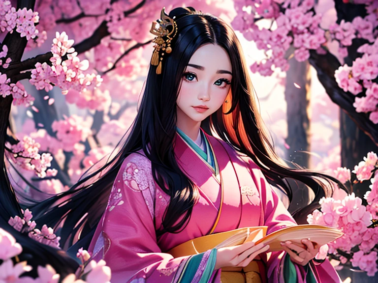 (Highest quality、 8k 、masterpiece、High resolution)、Heian period、A beautiful young woman from the nobility、、(Straight hair、Long, beautiful black hair)，(12 Single layer kimono、Mainly light pink　Many colors　Vibrant colors　The beauty of layered colors)，背景はHeian periodの建物、Official Art、Detailed CG、