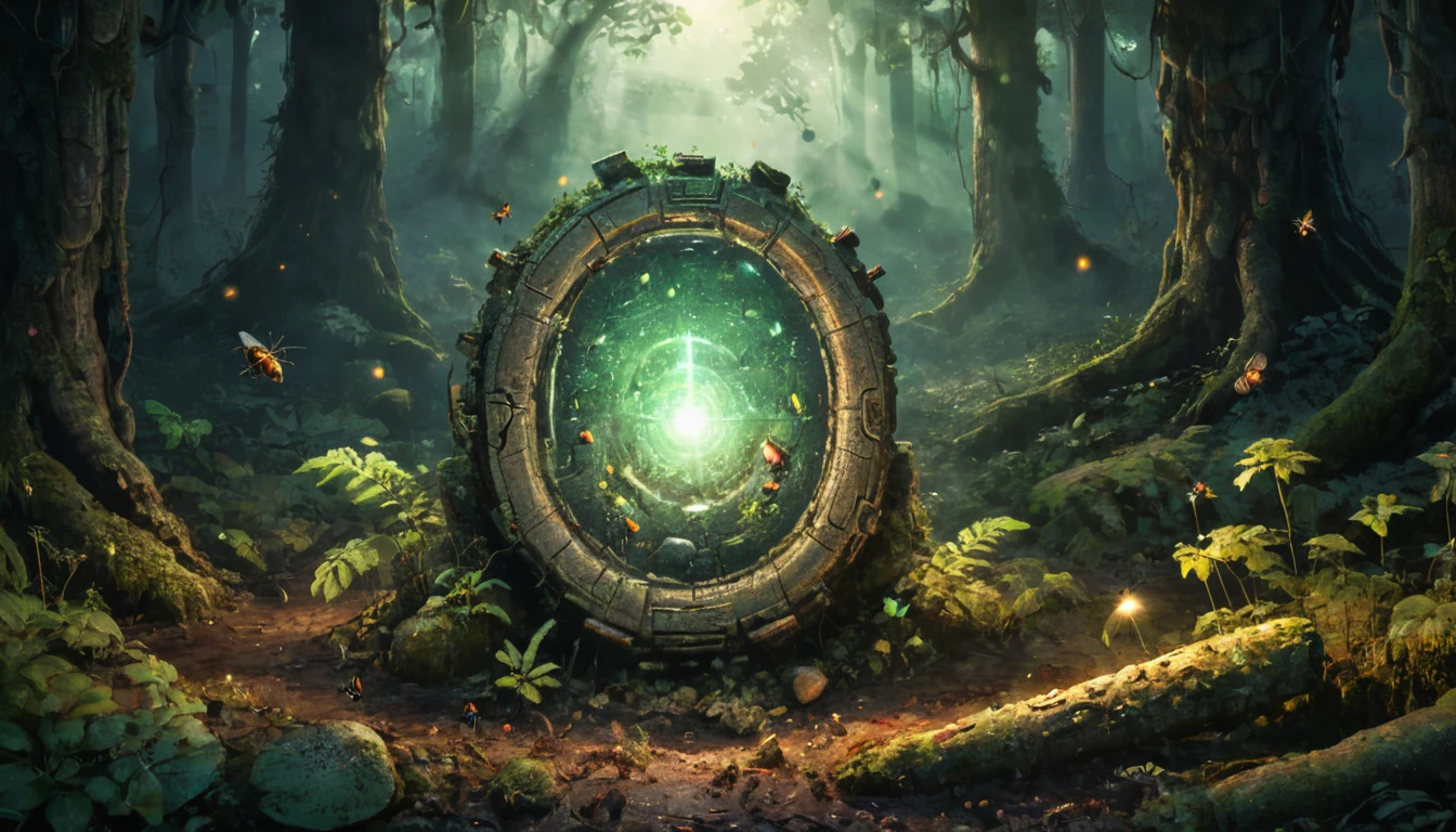 (mysterious ancient relics:1.5) in a deep forest, glowing particles and small insects fly around,