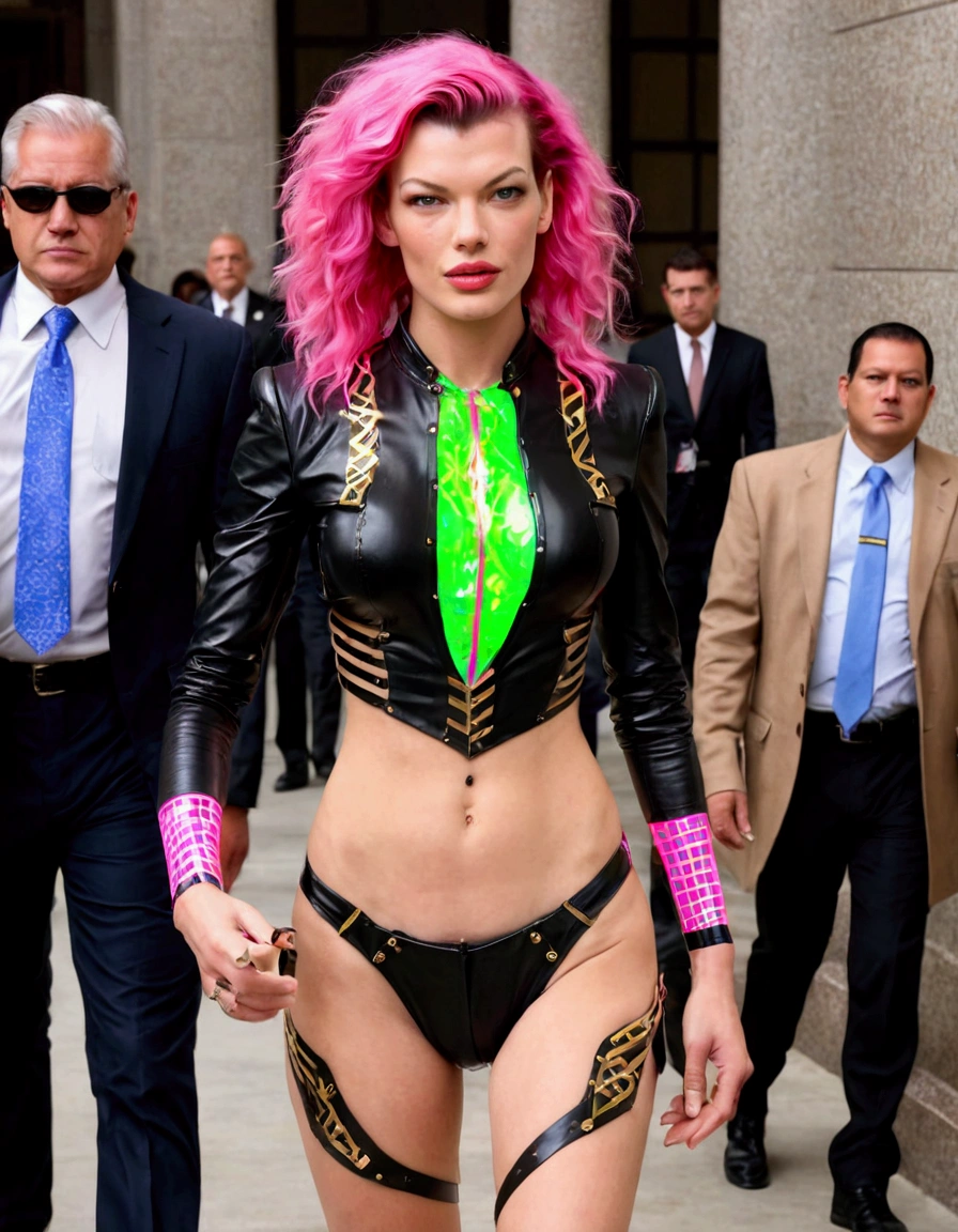 Milla Jovovich (age 20, neon hair, matching metal tape sexy business outfit) is entering the courthouse, briefcase in hand
