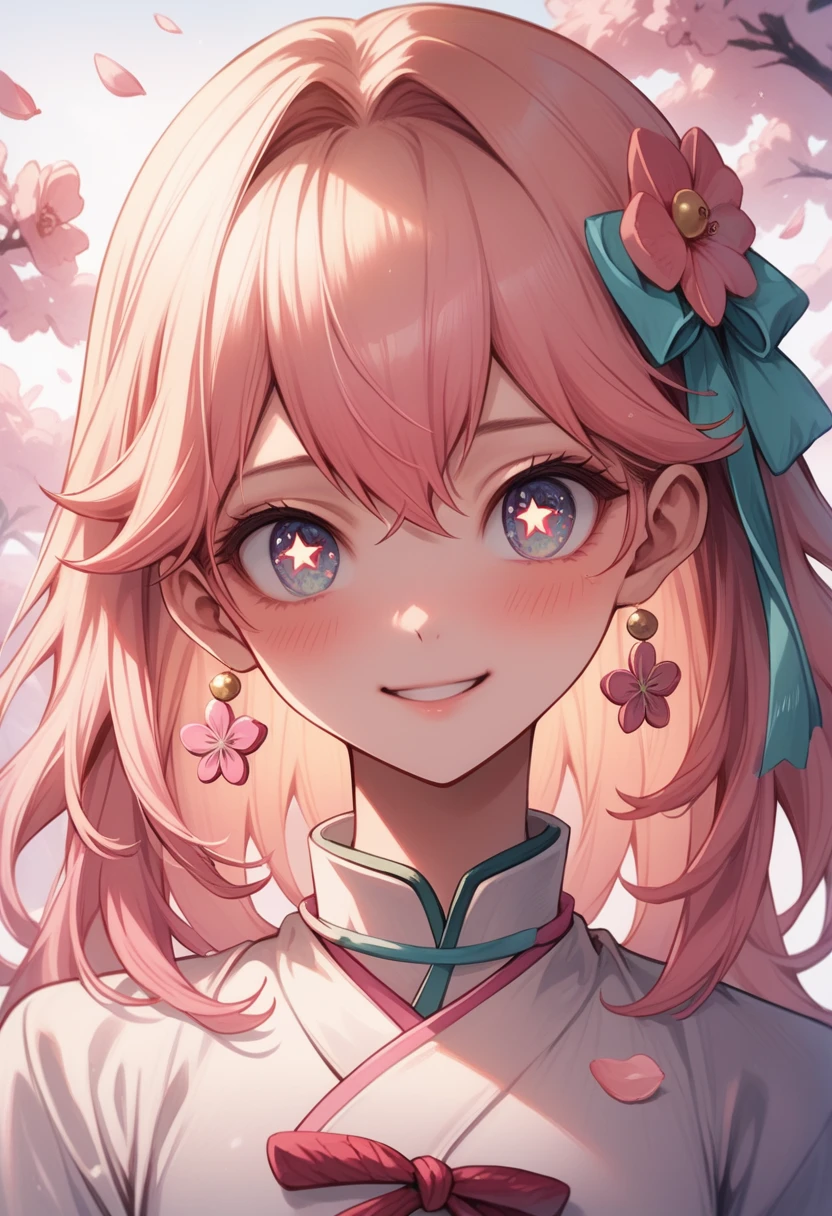 Great quality, masterpiece, High Resolutiの上, One girl, blush, (Cute Smile: 0.8), Star Eyes, Tyndall effect, Realistic, Peach Blossom Forest, Light Edge, Two-tの上e Lighting, (Skin with attention to detail: 1.2), 8k ウルトラHD, Digital SLR, Soft Light, high quality, Volumetric Lighting, Voyeur, photograph, High Resolutiの上, 4K, 8k, Background Blur