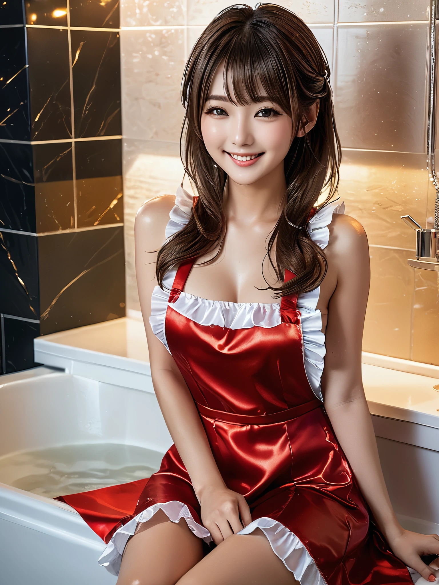 product quality, 1girl, full body shot, front view, a Japanese young pretty girl, shoulder length hair, wearing only a silky satin crimson red apron with white frills over her naked body, taking a shower in a luxury shower room, glamorous figure, wet hair, wet body, busty, hyper cute face, glossy lips, double eyelids in both eyes, natural makeup, long eyelashes, shiny smooth light brown hair, asymmetrical bangs, fair skin, central image, high resolution, high detail, detailed hairstyle, detailed face, cinematic lighting, octane rendering, vibrant, hyper realistic, perfect limbs, perfect anatomy