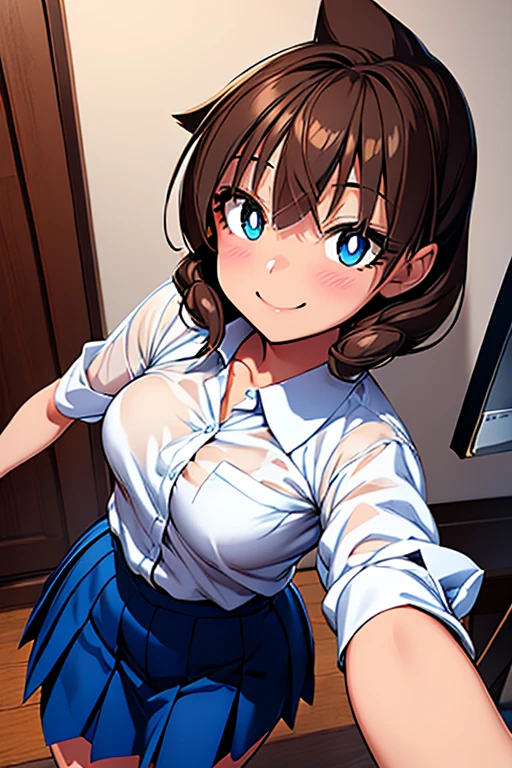 ((best quality)), ((masterpiece)), ((detailed)), (((perfect face))), (((slender 18yo teenage girl))), ((((medium breasts)))), ((((topless)))), ((((dark blue pleated skirt)))), ((dark brown hair)), ((short ponytail)), (((blue eyes))), ((shy:1.3)), ((blushing:1.5)), (((bare chest))), ((bare stomach)), ((bare shoulders)), (((bare arms))), (((standing))), ((((detailed background)))), (((office, windows))), (((looking at viewer))), (((shy smile))), (((holding skirt))), (((view from above))), (((open front door)))