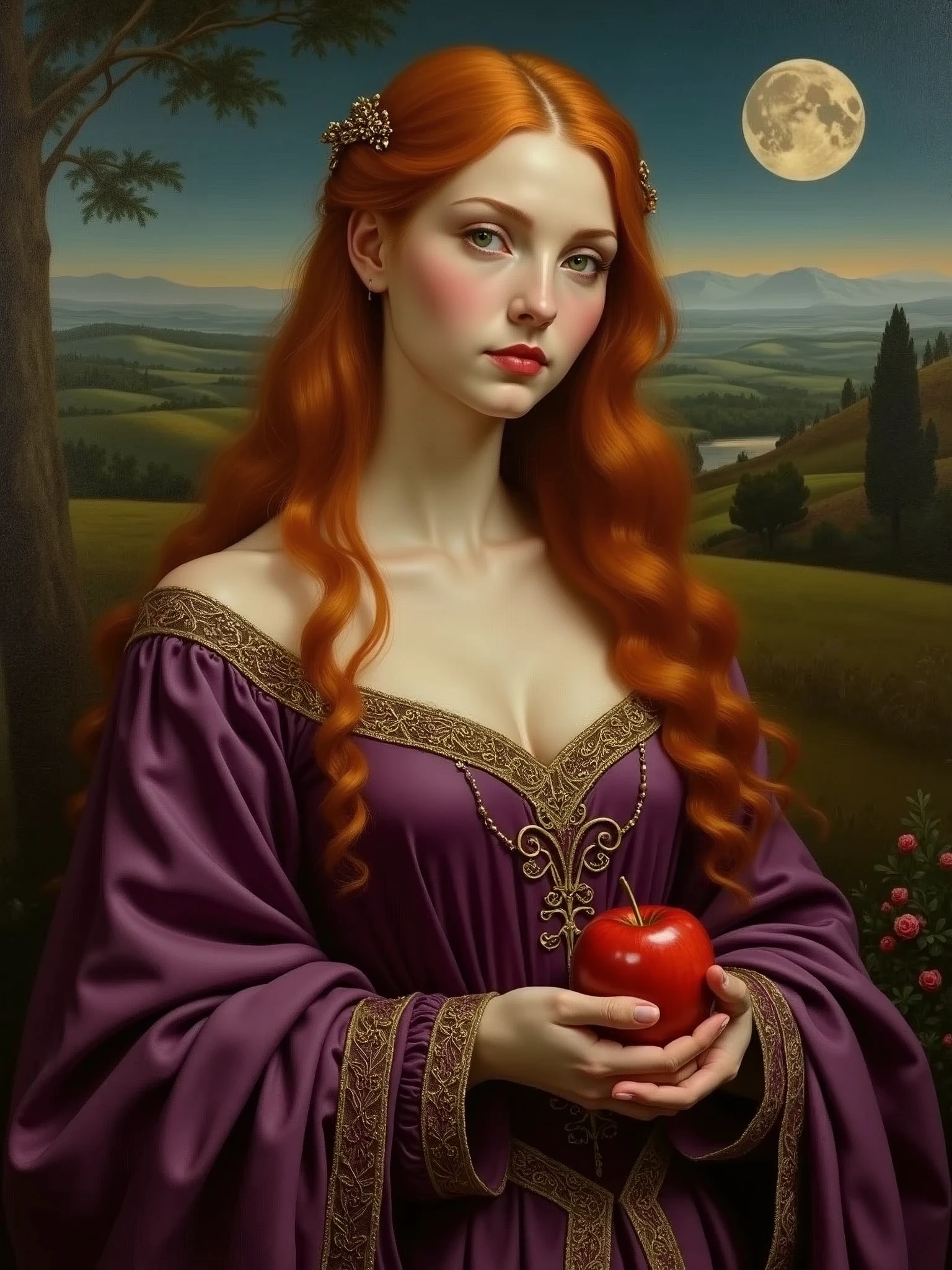 Classical-style masterpiece painting featuring a exotic beautiful woman with long, flowing red hair cascading down her back. She has pale skin and delicate facial features, with a serene expression, looking straight to the viewer. The woman is dressed in a rich, deep purple velvet renaissance gown with intricate gold embroidery along the neckline and sleeves. She is holding a red apple in her hands, gazing at it intently, offering it to the viewer. The background depicts a twilight landscape with rolling hills and a full moon in the sky, adding a mystical and serene atmosphere to the scene. In the style of Michelangelo.