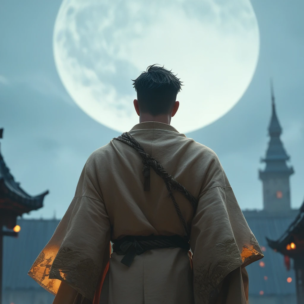 High Fantasy、Vivid depiction、live-action、Top of the old tower、Back view of a man wearing an old robe、The background is darkness、Big moon in the sky