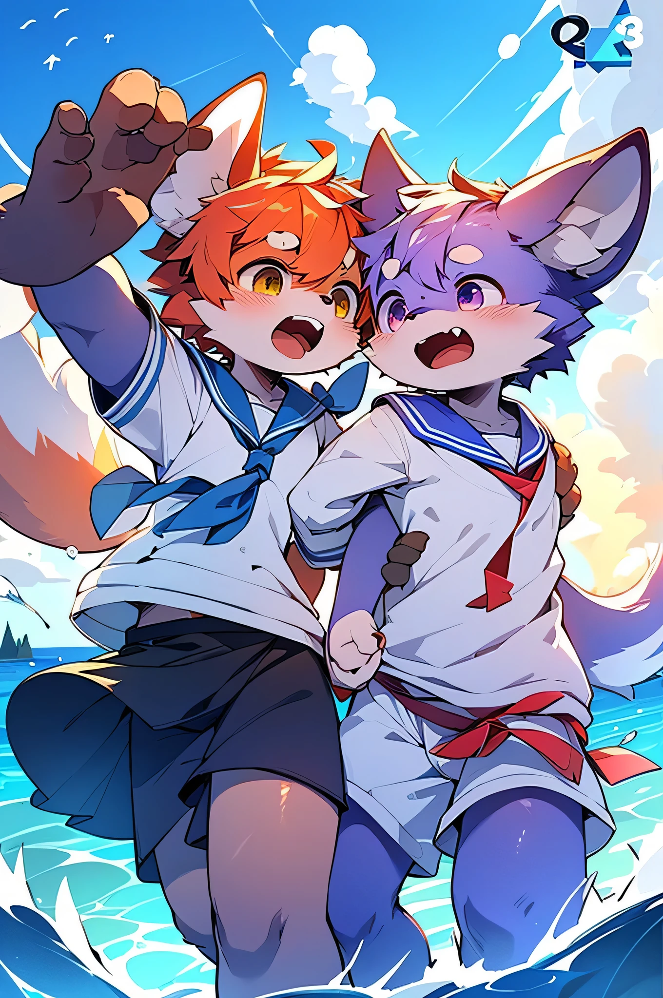 furのような,super high quality,Very detailed,High resolution,Purple Dog,male,Ocean,Sailor suit,School,(Energetic Teenager 1、13 years old:1.3),Pixiv Contest Winners, Perfect ???????,blue sky,Red ear,fur,thin tail,Long ears,Squid ears,Dirty Face,Ahegao eyes