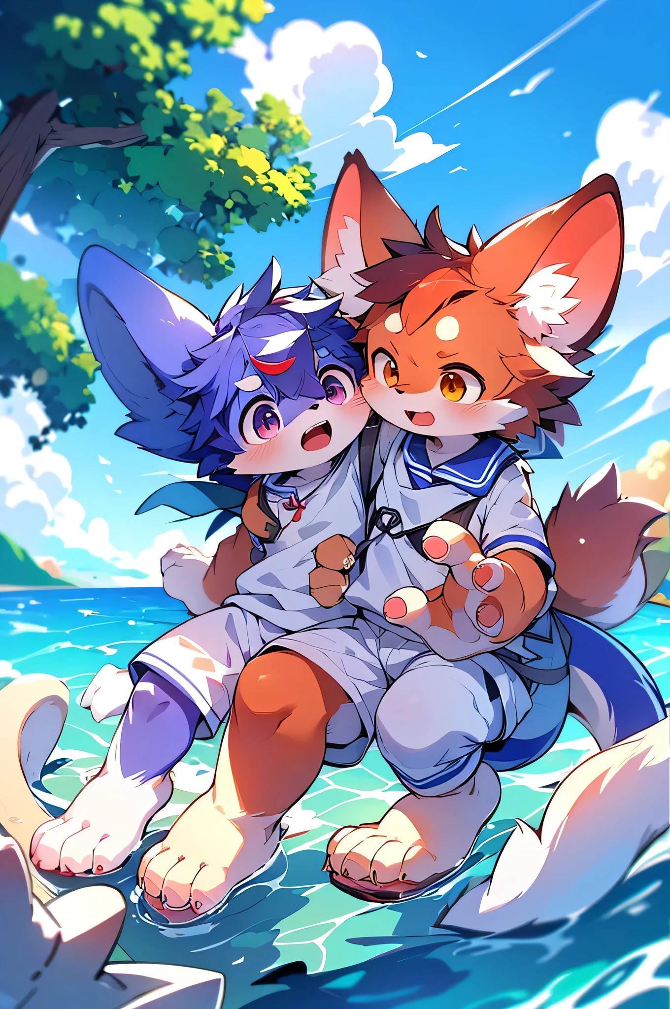 furのような,super high quality,Very detailed,High resolution,Purple Dog,male,Ocean,Sailor suit,School,(Energetic Teenager 1、13 years old:1.3),Pixiv Contest Winners, Perfect Anatomy,blue sky,Red ear,fur,thin tail,Long ears,Squid ears,Dirty Face,Ahegao eyes