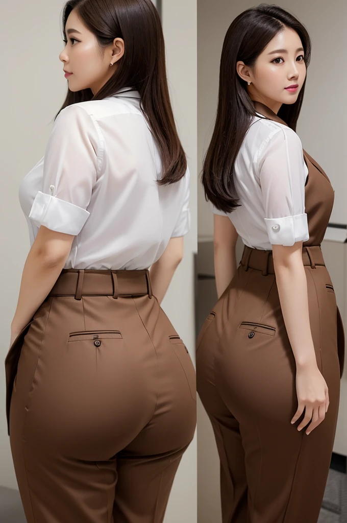 An office lady wearing a white shirt and brown suit pants、(Plump butt)、Rear view、(((Highest quality, masterpiece))), (((Very detailed)))