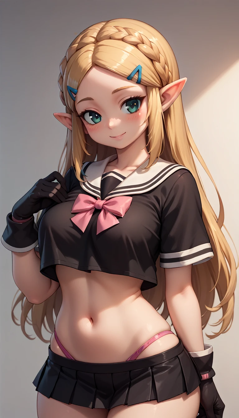 High resolution, Very detailed, perfect lighting, beautiful detailed eyes, ((masterpiece,Best Quality)), absurdities, alone, princess zelda, by the width, crown braid, Hair clip, pointy ears, Gloves without fingers, black gloves, smile, curves, nod, , deep neckline, deep neckline, black school uniform with white details,short skirt, visible underwear, pink thong, black uniform, black shirt with pink bow, touching her breasts in a sexy way, close up