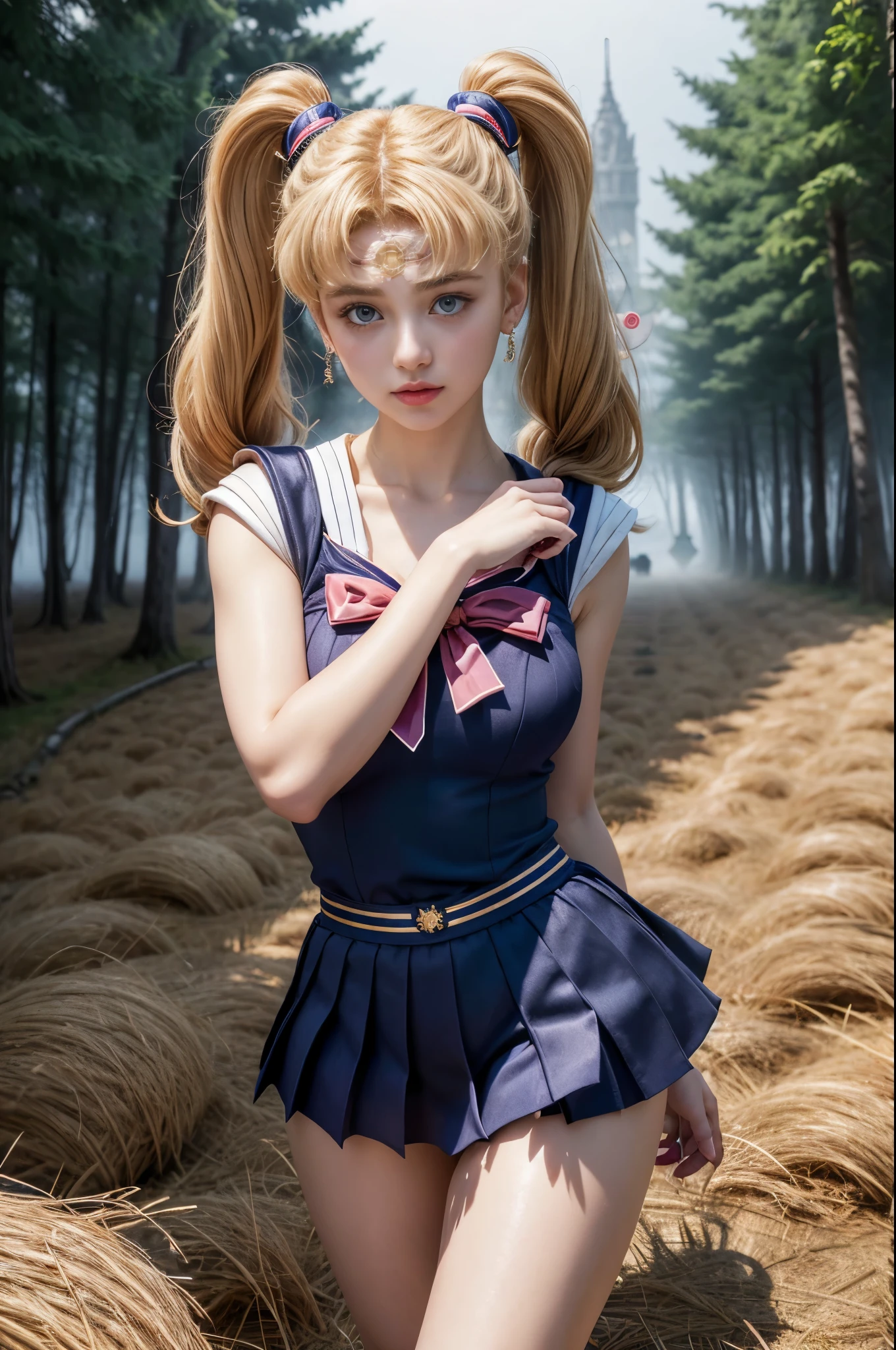 ((RAW photo), absurdities, (absurdresolution)), masterpiece, best quality, (Extremely detailed 8k unity CG wallpaper), (best illustration), (best shadow), Realistic lighting, beautiful detailed glow, ((21 years old, the most beautiful young girl, beautiful, innocent face)), (standing looking at viewer, leg slightly bent), (luminous golden blonde hair, two big buns, long pigtails), (perfect blue pupil, defined, sharp), (((sailor moon, very feminine formal suit, straw color))), ((background: hinoki trees and fog)), (her: dynamic pose of transformation to sailor moon)