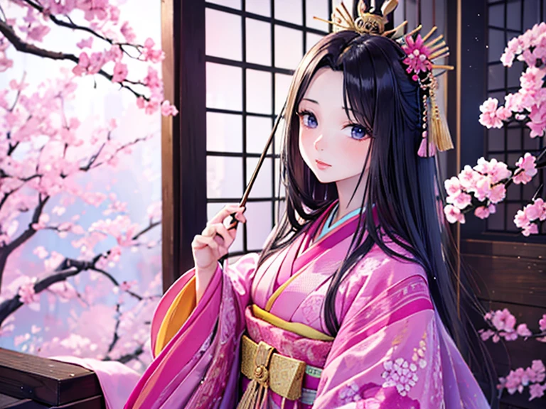 (Highest quality、 8k 、masterpiece、High resolution)、Heian period、A beautiful young woman from the nobility、、(Straight hair、Long, beautiful black hair),(12 Single layer kimono、Mainly light pink Many colors Vibrant colors The beauty of layered colors),背景はHeian periodの建物、Official Art、Detailed CG、