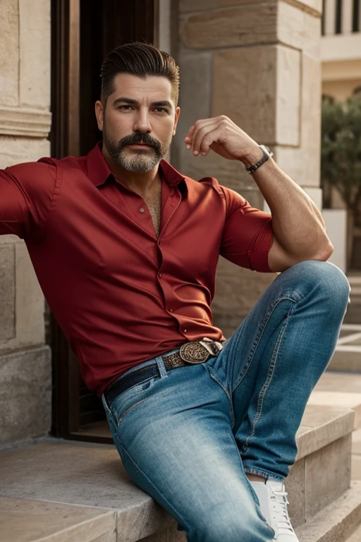 An illustration of a Greek god with a muscular build and a short beard., HdR., Styled in modern western attire., Profile,. He has a diferent color red shirt and diferent colors  jeans, strong and muscular legs, big lump .. real, realistic expression is confident and charming..............short hair.............., with a hint of a smile. The setting is Delphi, with white flowers..........................., evoking a classic cold atmosphere, without ceasing to maintain the powerful and regal aura of the god.ojos perfectos, 
Big ass, pelo corto , nalgon, close up, chaleco color apricot and white con adornos dorados.metalicos, gran hebilla del cinturón dorada super fashion moda todo adorablecon toques de color rojo, 30 años de edad 
piernas fuertes y musculosas, gran bulto, grandes glúteos, hiper realista , arabe con bigote solamente 