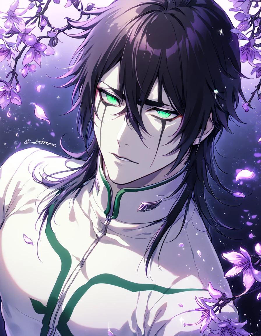 Ultra detailed, HDR, Highres, absurdres, master piece, Ulquiorra Cifer, black hair, expressive green eyes, white clothes, pale skin, bleach, sexy man, handsome, purple flowers, petals, fantasy, magical, purple leaves, handsome, best quality, glittering, manly man, sensual, horny, water, purple shining fireflies,