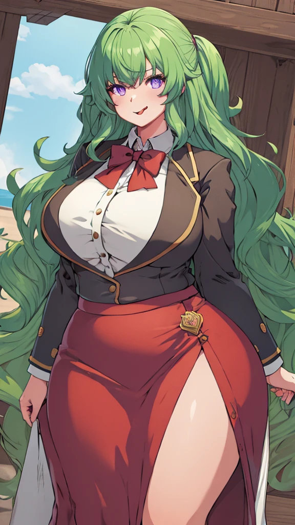 High detailed, masterpiece, 1 girl, green hair, wavy large wild hairstyle, violet eyes, yangms, big busty, tongue-out, firm plump body, strong, schoolar uniform, pencilskirt, red skirt, 