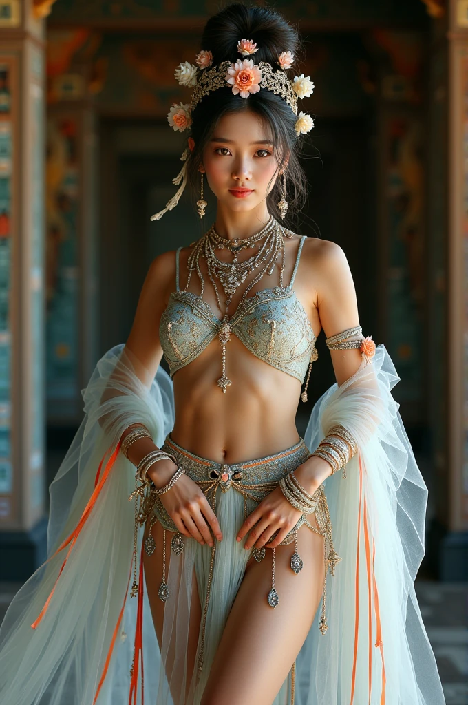 Balinese girl with coins gold , gorgeous costumes embroidered with intricate embroidery, flowing tulle, transparent long colorful ribbons tied on the arms, inspired by Dunhuang Flying Apsaras murals, showing navel, bare shoulders, bare neck, hair in a high bun with flower hairpins, ribbons on arm rings, wreaths, bracelets, anklets, metal chain tassels on the waist, Mogao Grottoes art, ink painting, cgstation pop, in the night castle, ((fullbody)), ((super realistic))