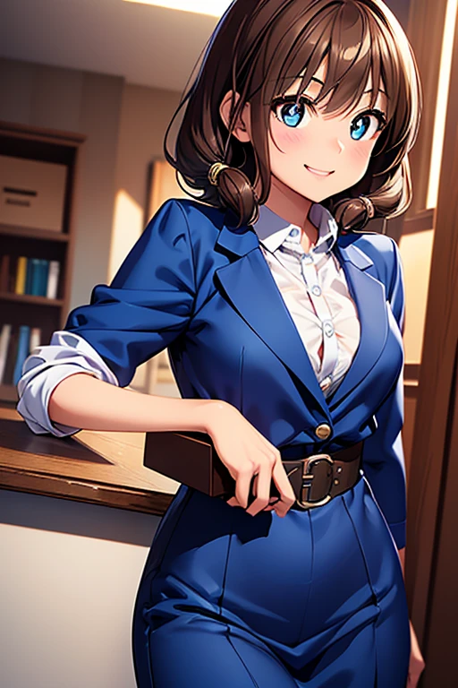 Megumi Amano、Shiny brown hair, short hair, Beautiful Blue Eyes、Small waist、small胸、Modest chest、smile、Sparkling eyes, (fine grain)、Very fine eye、Highly detailed face, Highly detailed eyes, Cowboy Shot、


(Tabletop, Highest quality, Capture the cutest moment, Depth of written boundary, Ultra-detailed, Ultra-high resolution, C4D, Octadale, 3D Modeling, 8k, 16K, One Girl、Light brown eyes,hair ornaments、Laughter)、Slender body、small 、office lady、uniform