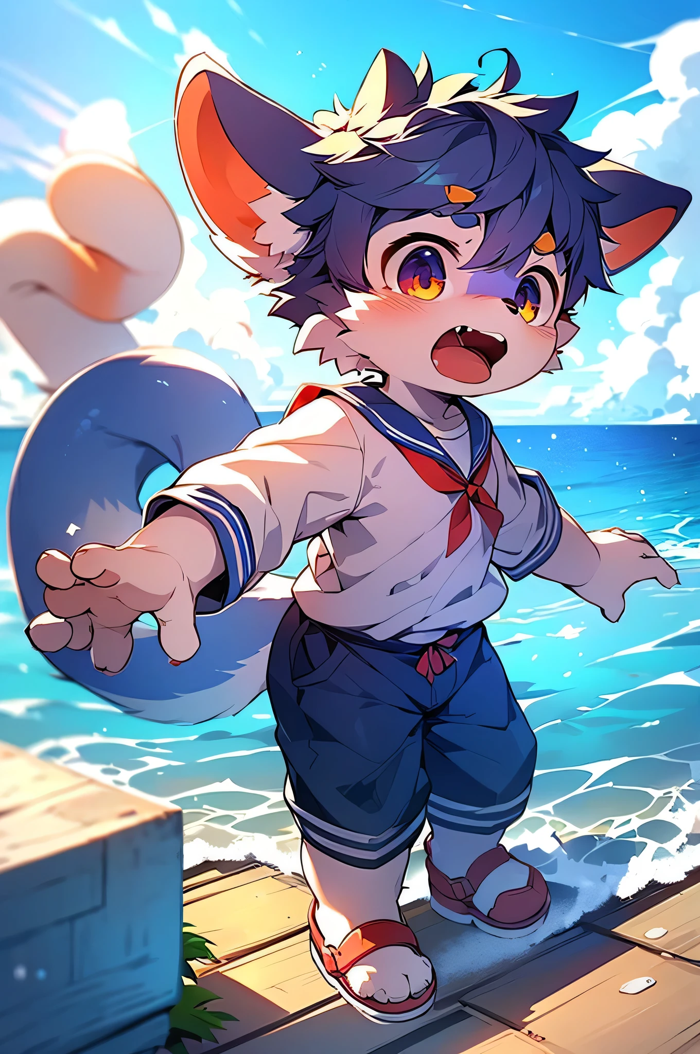 furのような,super high quality,Very detailed,High resolution,Purple Dog,male,Ocean,Sailor suit,School,(Energetic Teenager 1、:1.3),Pixiv Contest Winners, Perfect Anatomy,blue sky,Red ear,fur,thin tail,Long ears,Squid ears,Dirty Face,Ahegao eyes