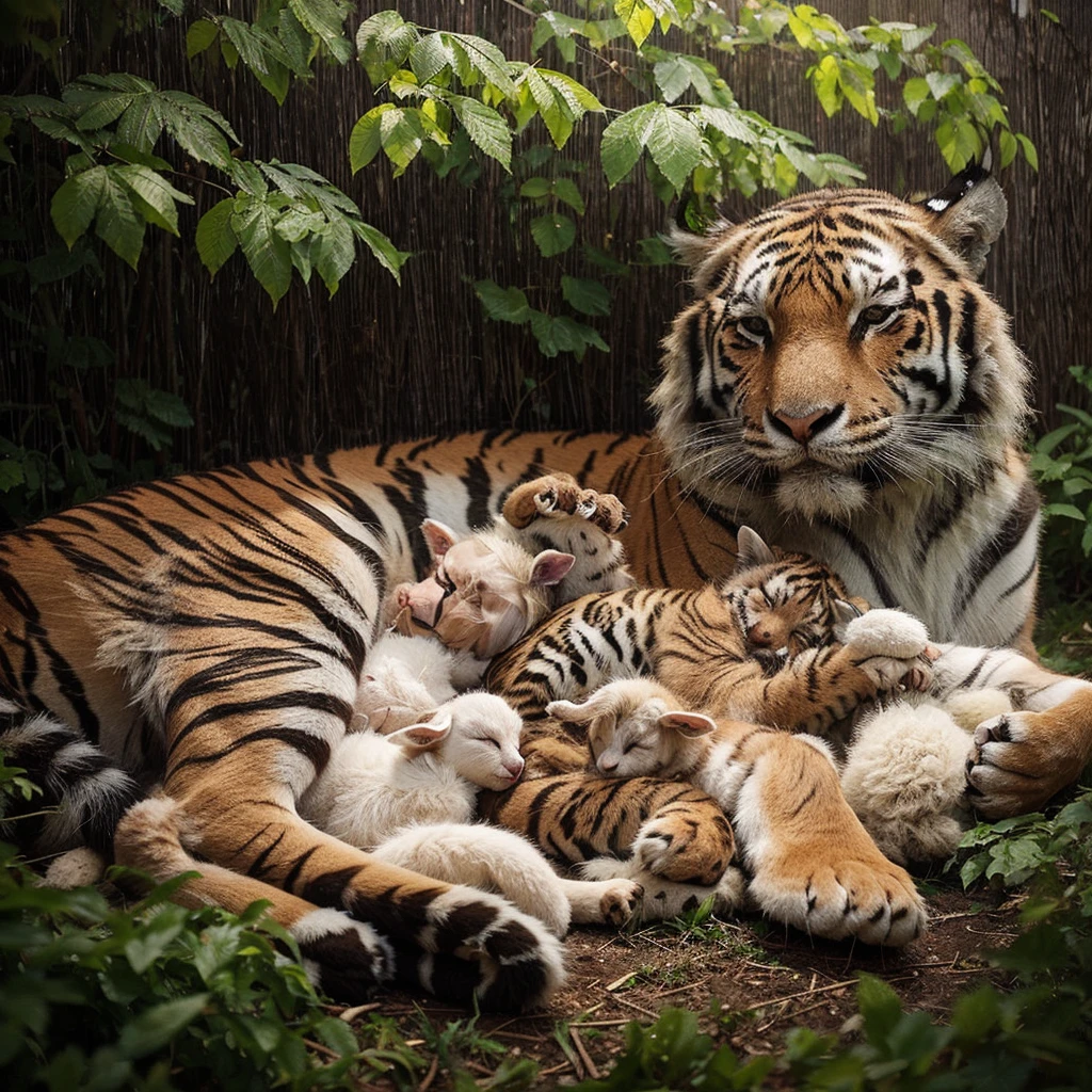 Tiger and baby goat、Are sleeping