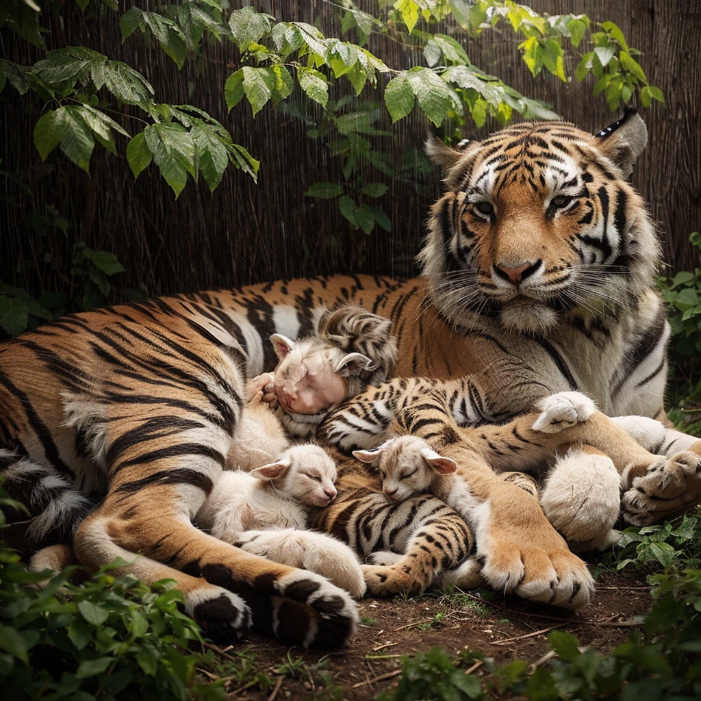 Tiger and baby goat、Are sleeping