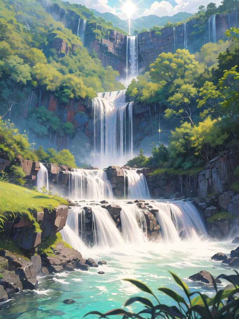 (8K, Best Quality, Masterpiece:1.3)), Ultra High Resolution, (1 Girl, 1 Person), (Color Changing Eyes, Highly Detailed, Expressive Sparkle, Sparkling Eyes), Highly Detailed Eyes, Highly Detailed Face, Random Hair, (Silver-Grey Color), Hairpins, (See-Through Summer Dress:1.2), (Smile:1.2), Standing, Front Angle, Angel Falls in Venezuela. The world's tallest waterfall tumbles in the midst of lush jungle. Water mists in the air and creates a rainbow in the sunlight. The contrast between the surrounding green vegetation and the blue sky is beautiful, and the river below the waterfall flows peacefully