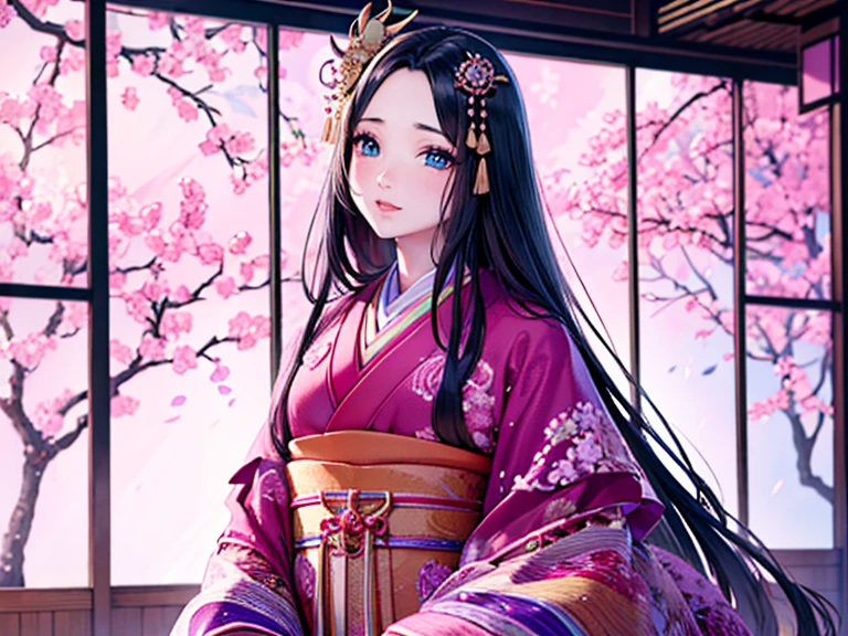 (Highest quality、 8k 、masterpiece、High resolution)、Heian period、A beautiful young woman from the nobility、、(Straight hair、Long, beautiful black hair)，(12 Single layer kimono、Mainly light pink　Many colors　Vibrant colors　The beauty of layered colors)，背景はHeian periodの建物、Official Art、Detailed CG、