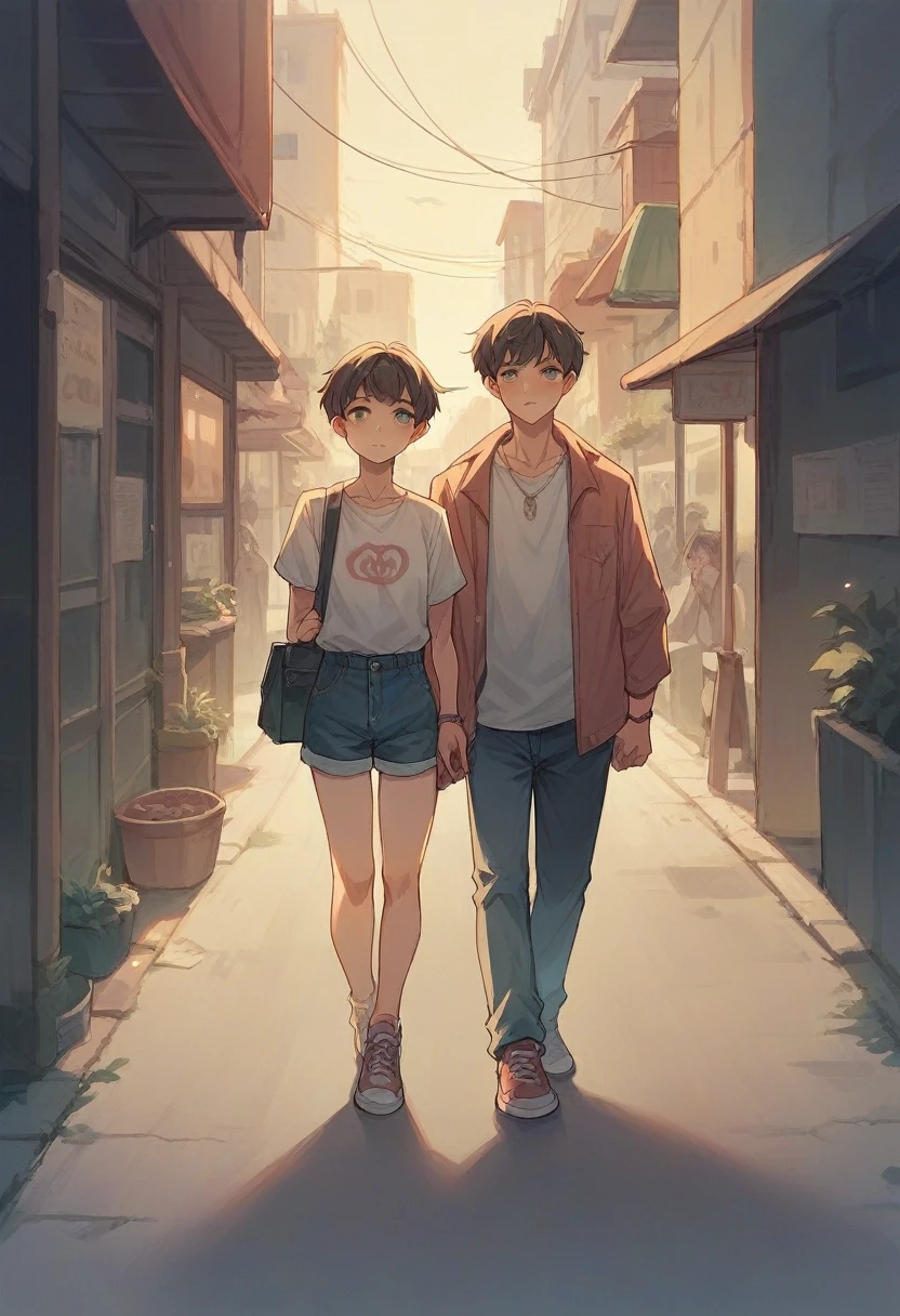 Sister, siblings are crossing the street in ordinary outfits