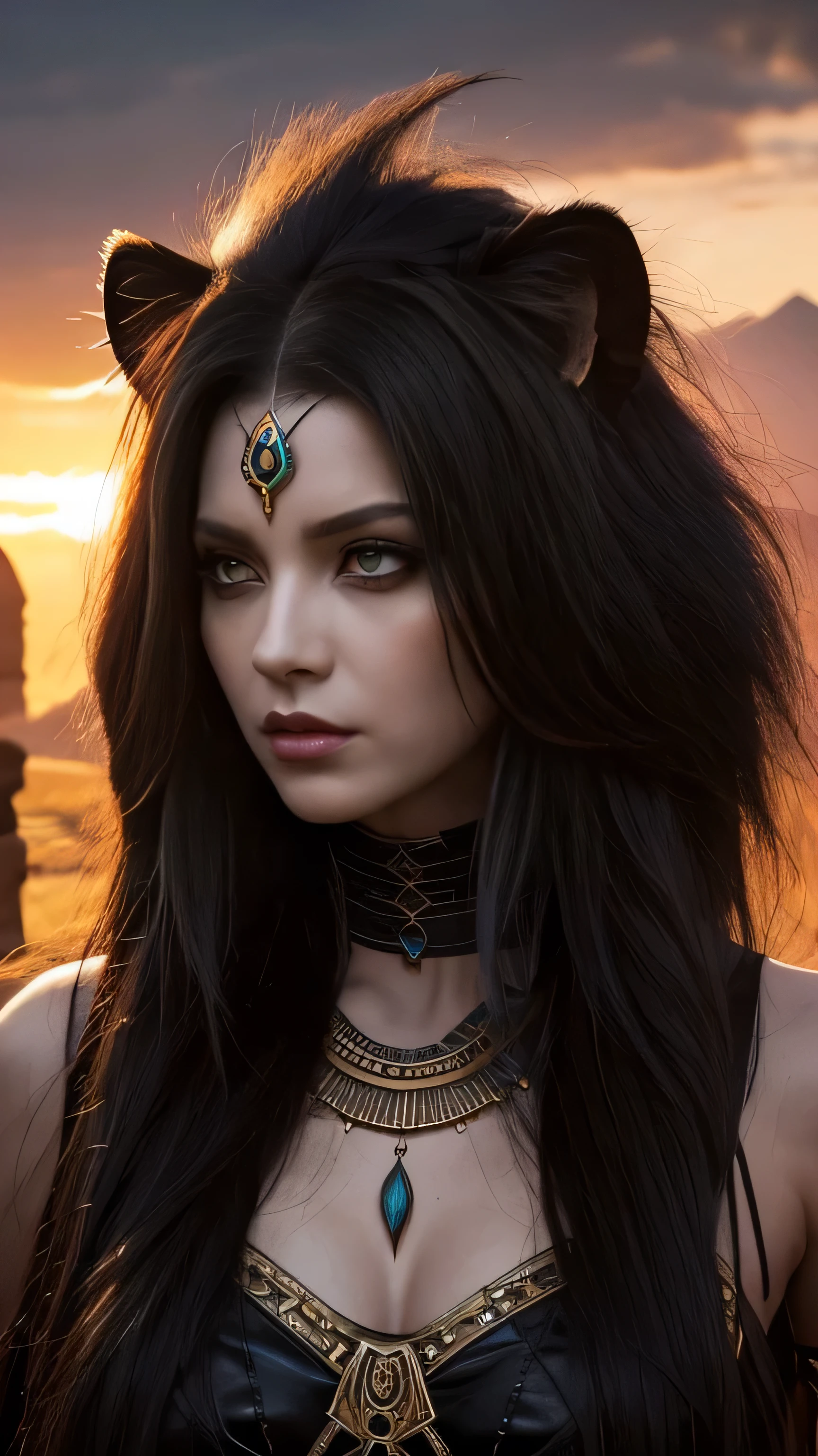 Create an ultra-realistic depiction of a female Sphinx, blending the majestic features of the mythical Sphinx with a terrifying horror aesthetic. **Overall Appearance:** The Sphinx is a nightmarish figure, combining the grace of a lion with the eerie elegance of a woman. **Head:** She has the head of a woman with sharp, gaunt features and hollow, piercing eyes that glow with a malevolent light. Her hair is wild and tangled, blending seamlessly into a lion's mane that is dark and matted. Her headdress is tattered and adorned with sinister, ancient symbols. **Body:** Her body is a powerful lion's, with sleek, dark fur that appears almost black in the shadows. Her limbs are muscular but twisted, with elongated claws that are sharp and menacing. **Attire:** She wears tattered, ancient Egyptian-inspired clothing draped over her lion body, adorned with dark, corrupted jewelry. Her accessories include spiked necklaces and bracelets that add to her menacing appearance. **Setting:** The background features a desolate desert landscape with crumbling pyramids and ominous storm clouds. The setting sun casts a dark, eerie glow, highlighting her terrifying presence. **Pose and Action:** She is depicted in a menacing stance, her front paws clawing at the ground and her head lowered in a predatory gaze. Her expression is fierce and bloodthirsty. **Special Features:** Her glowing eyes reflect malevolence, her mane blends with her wild hair, and her corrupted jewelry emphasizes her role as a guardian of ancient, dark secrets.