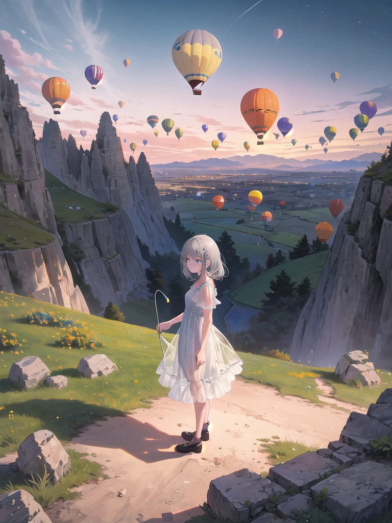 (8K, Best Quality, Masterpiece: 1.3)), Ultra High Resolution, (1 Girl, 1 Person), (Color Changing Eyes, Highly Detailed, Expressive Glow, Sparkling Eyes), Highly Detailed Eyes, Highly Detailed Face, Random Hair, (Silver-Gray Color), Hairpin, (See-Through Summer Dress: 1.2), (Smile: 1.2), Standing, Front Angle, Cappadocia, Turkey. Countless hot air balloons floating in the morning sky fly against the backdrop of unique terrain and strange rock formations. The sky is dyed orange and purple, and the rocks on the ground are illuminated in the same colors. A peaceful scene unfolds, with small villages and green fields visible in the distance.