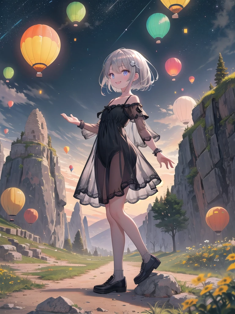(8K, Best Quality, Masterpiece: 1.3)), Ultra High Resolution, (1 Girl, 1 Person), (Color Changing Eyes, Highly Detailed, Expressive Glow, Sparkling Eyes), Highly Detailed Eyes, Highly Detailed Face, Random Hair, (Silver-Gray Color), Hairpin, (See-Through Summer Dress: 1.2), (Smile: 1.2), Standing, Front Angle, Cappadocia, Turkey. Countless hot air balloons floating in the morning sky fly against the backdrop of unique terrain and strange rock formations. The sky is dyed orange and purple, and the rocks on the ground are illuminated in the same colors. A peaceful scene unfolds, with small villages and green fields visible in the distance.