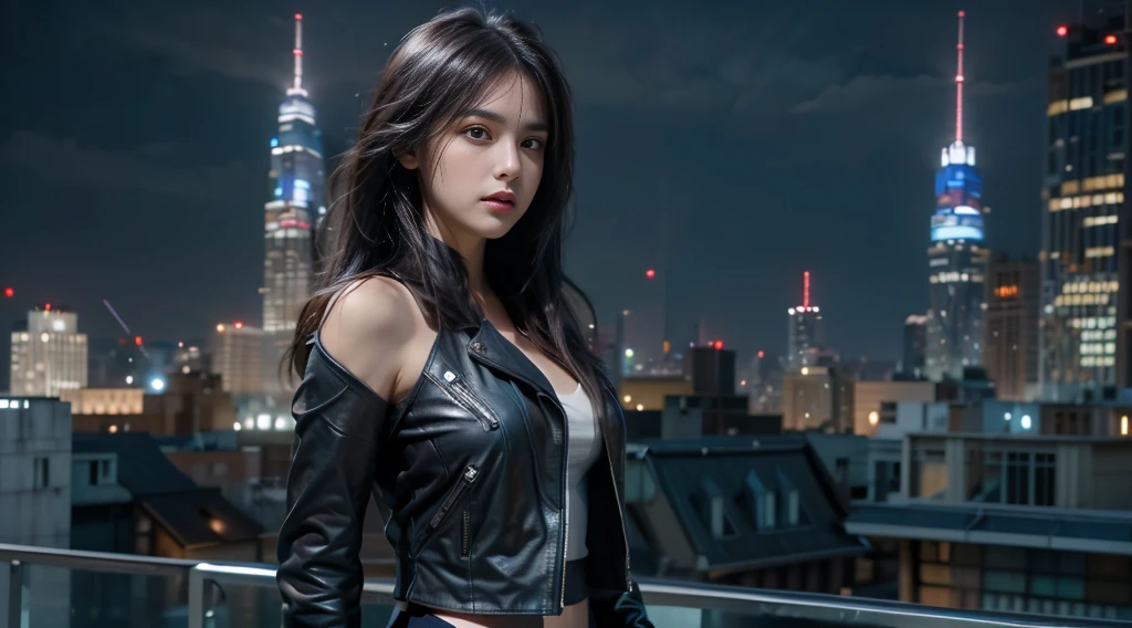 ((masterpiece, best quality, Highest image quality, high resolution, Reality, RAW photos, 8K)), Future city ruins,Girl standing on the roof,Tight leather jacket,Off-shoulder,Large Breasts,Long hair,Pretty face,Closed mouth,dramatic,Mid-range portrait,(midnight)
