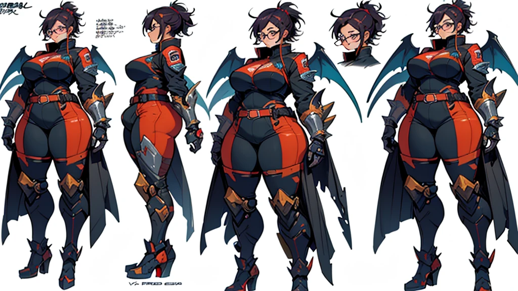 Close-up of a plump woman in a mecha bodysuit, ((character concept art)), ((character design sheet, same character, front, side, back)) character art of maple story, video game character design, video game character design, maple story plump girl, big busty, girl wearing cute mecha hairpin on her head, red hair, mush hairstyle, purple glowing decoration on girl's mecha armor, expert high detail concept art, metal bullet concept art, funny character design, plump woman anime inspiration, sticky tar. Concept art, belt buckle at waist, mechanical weapon, mechanical wings