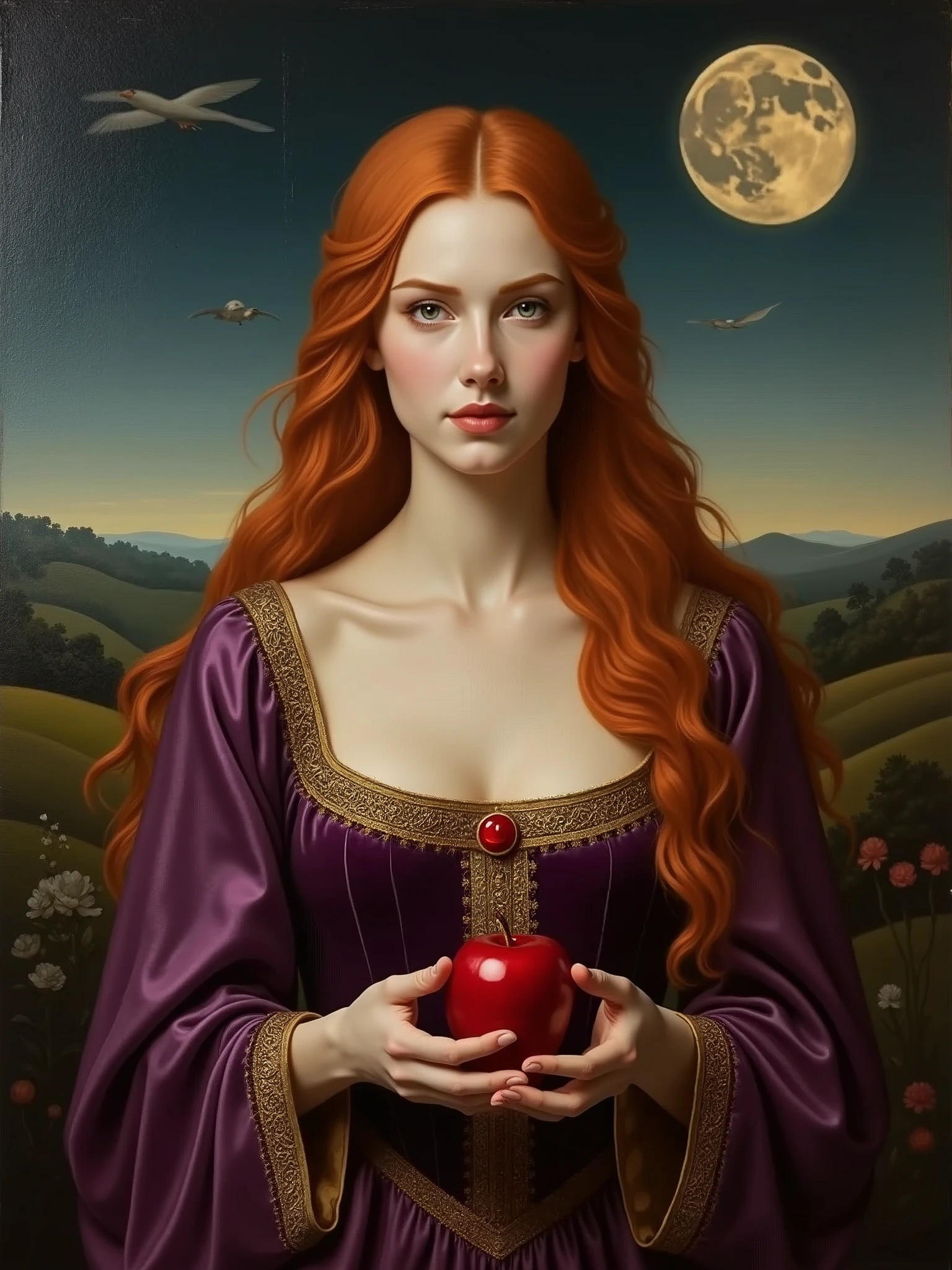 Classical-style masterpiece painting featuring a exotic beautiful woman with long, flowing red hair cascading down her back. She has pale skin and delicate facial features, with a serene expression, looking straight to the viewer. The woman is dressed in a rich, deep purple velvet renaissance gown with intricate gold embroidery along the neckline and sleeves. She is holding a red apple in her hands, gazing at it intently, offering it to the viewer. The background depicts a twilight landscape with rolling hills and a full moon in the sky, adding a mystical and serene atmosphere to the scene. In the style of Michelangelo.