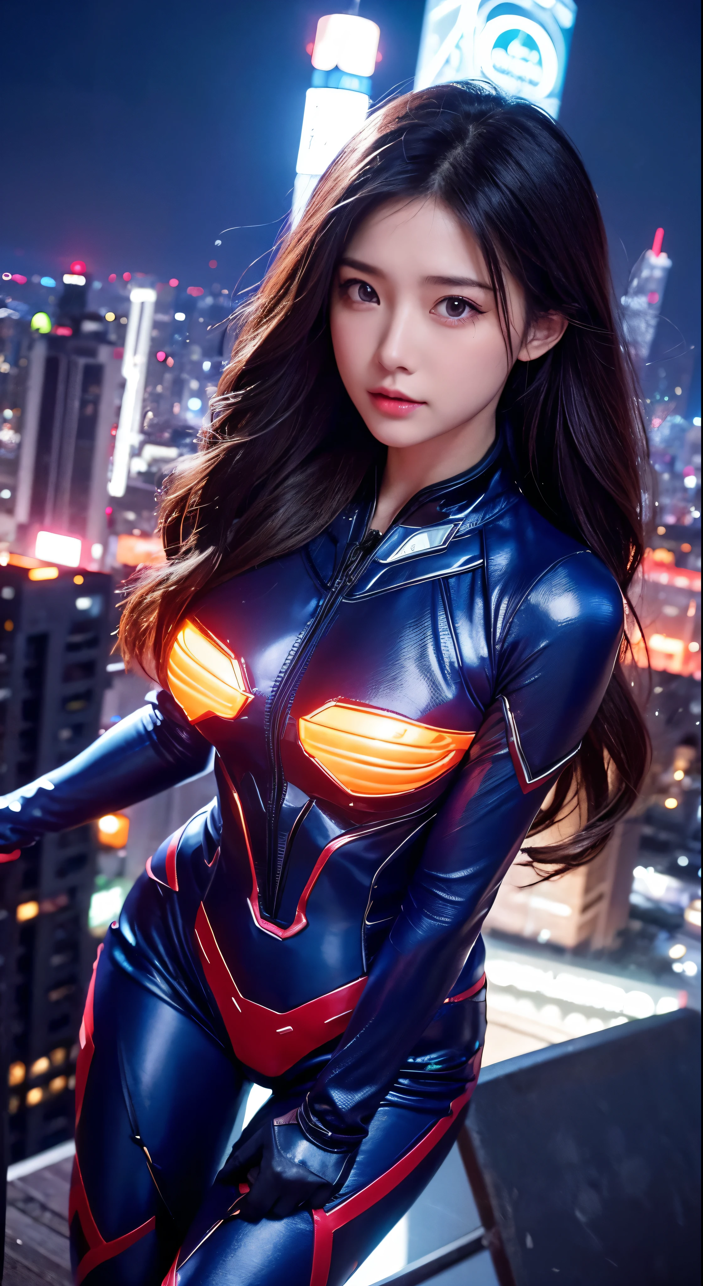 with high definition images，(Representative works)、Image of a flying superwoman，Highest quality、girl、Flying over the city　1girl、flying over stunning cityscapes、Blue satin armored suit with S markings、Chestnut Hair、Neon colorの流れ星、Very long hair、Facial details、A scene from a movie、Neon color、Stunning night sky、Cinematic lighting、Photorealistic、Realistic Style、HDR、Full body high quality images