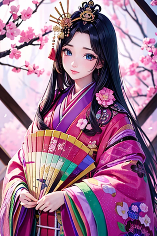 (Highest quality、 8k 、masterpiece、High resolution)、Heian period、A beautiful young woman from the nobility、、(Straight hair、Long, beautiful black hair)，(12 Single layer kimono、Mainly light pink　Many colors　Vibrant colors　The beauty of layered colors)，背景はHeian periodの建物、Official Art、Detailed CG、