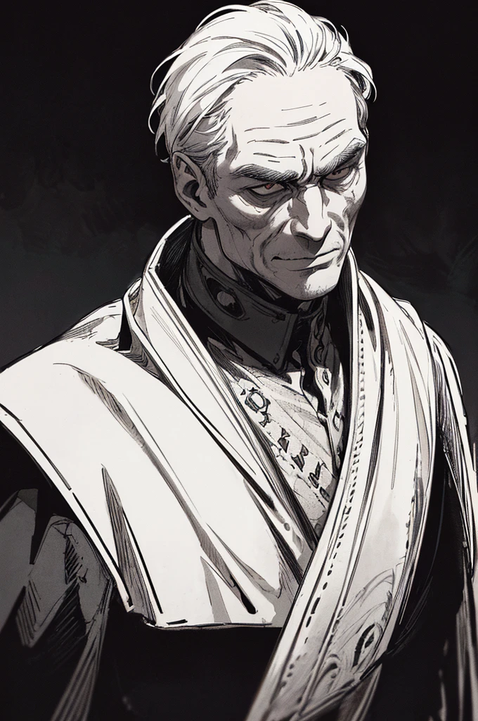 Best quality, (background_detail), high_contrast, detail_original_illustration, warrior, muscular, villain_face, armored, full_body, medieval, deep_wrinkles_brows, youth, man_in_20s, dark_stitch_landscape, (dramatic_lighting:1. 25), (shaded_background:1.2), black_hair(black_short_hair :1.1 ), Large figure, Delicate face, Evil smile, Sharp eyes, Black background, (Black background:1.5), Beautiful line drawing, Black and white