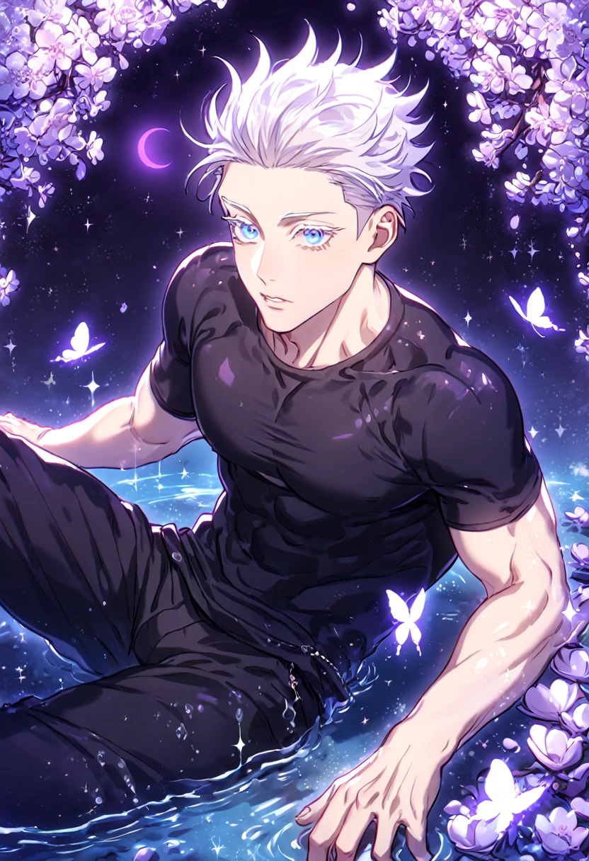 absurdres, highres, ultra detailed, HDR, master piece, best quality, Gojou Satoru, white hair, hair slicked back, ruffled hair, expressive blue eyes, white eyelashes, Jujutsu Kaisen, solo, sexy man sitting, handsome, sensual, horny, black tight T-shirt, black pants, fantasy, magical, shining, purple flowers, blossoms, water, purple petals, purple butterflies, sparkling, purple moon, starry sky, manly man