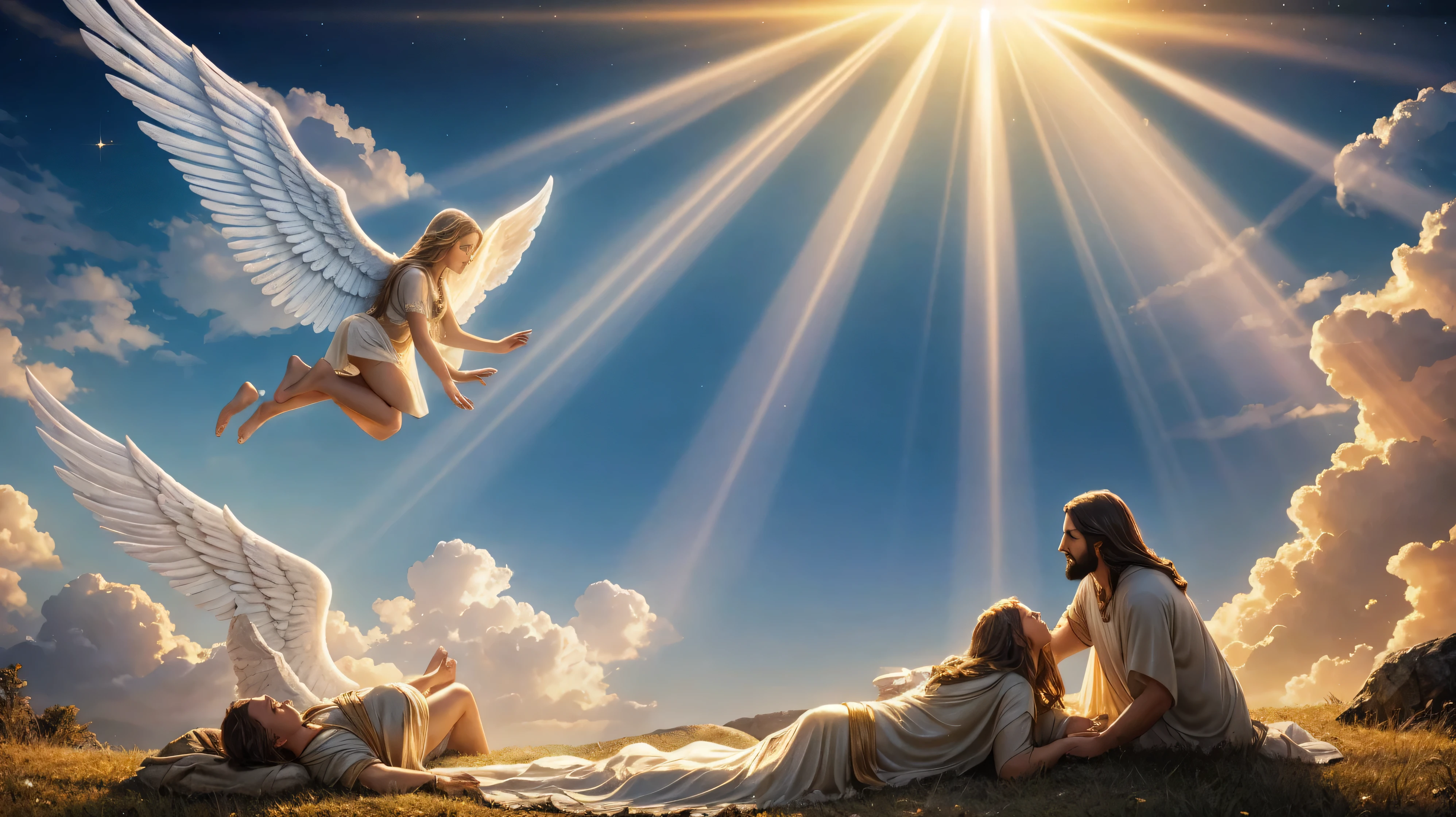 A majestic and ethereal scene where the Spirit of God breathes life into Jesus, heavenly light descending from the sky, angelic figures surrounding, Jesus lying peacefully, glowing with divine aura, celestial background with clouds and golden rays, high detail, ethereal and serene atmosphere, ultra-realistic, 4K"