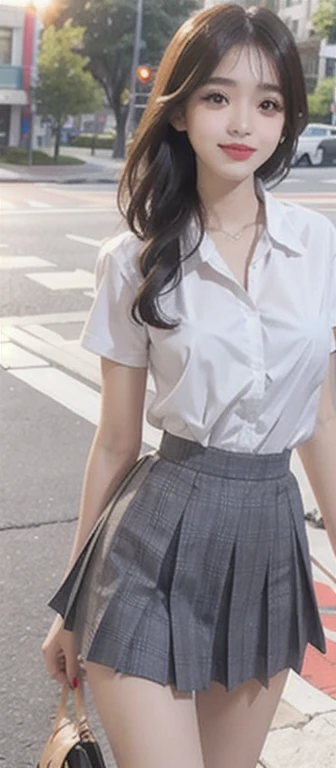 1 beautiful girl, Sad girl, Long Hair, 18-year-old, A beautiful face without blemishes, Rosy Face, Iris, Thin eyebrows, The most thorough makeup is the eyelashes, Pink lipstick, lips , Elegant smile, Her breasts are big and round, Narrow waist, Big Breasts, moderately large butt, Long legs, Reaches up to the waist、Please wear a light white button-up shirt that shows your underwear。., She is wearing a grey plaid pleated mini skirt.., high school student, Black Loafers, Thighs, Long Hair, One afternoon, The sun goes down, The sky is orange, Sunny sunset background image, Quality Best image quality, 8K quality, Real Girls, artwork, whole body
